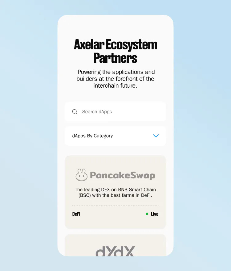 Section showcasing Axelar Ecosystem Partners, with a search and filter option.