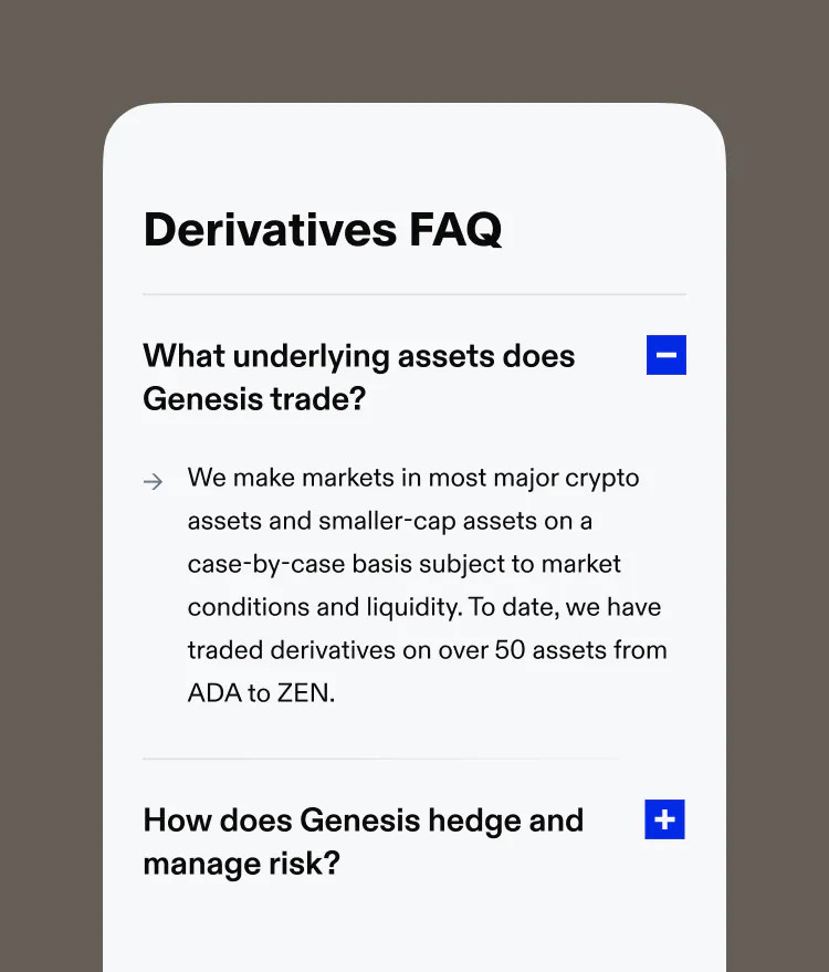Key module showcasing expanded FAQ section related to Genesis' Derivatives service.