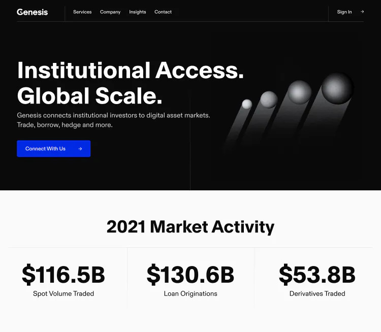 Snapshot of Genesis homepage with prominent header section and key statistics.
