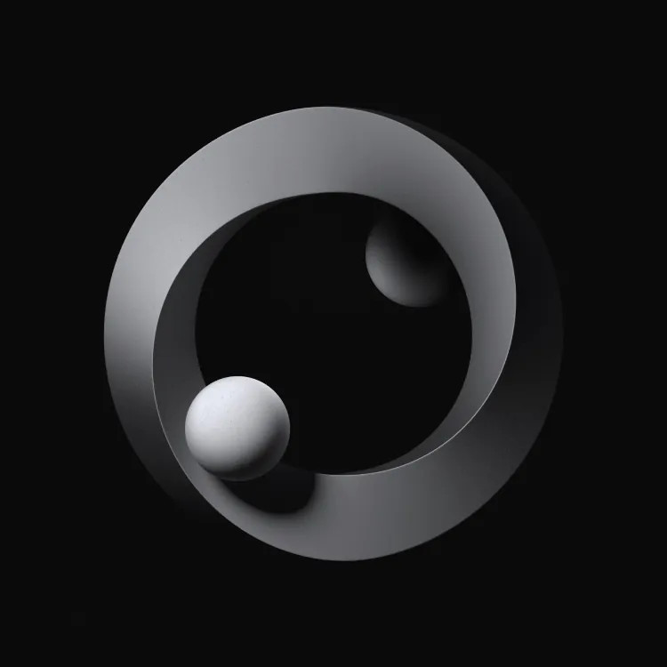 Brand artwork of dual spheres spinning within the confines of a hollow circle.