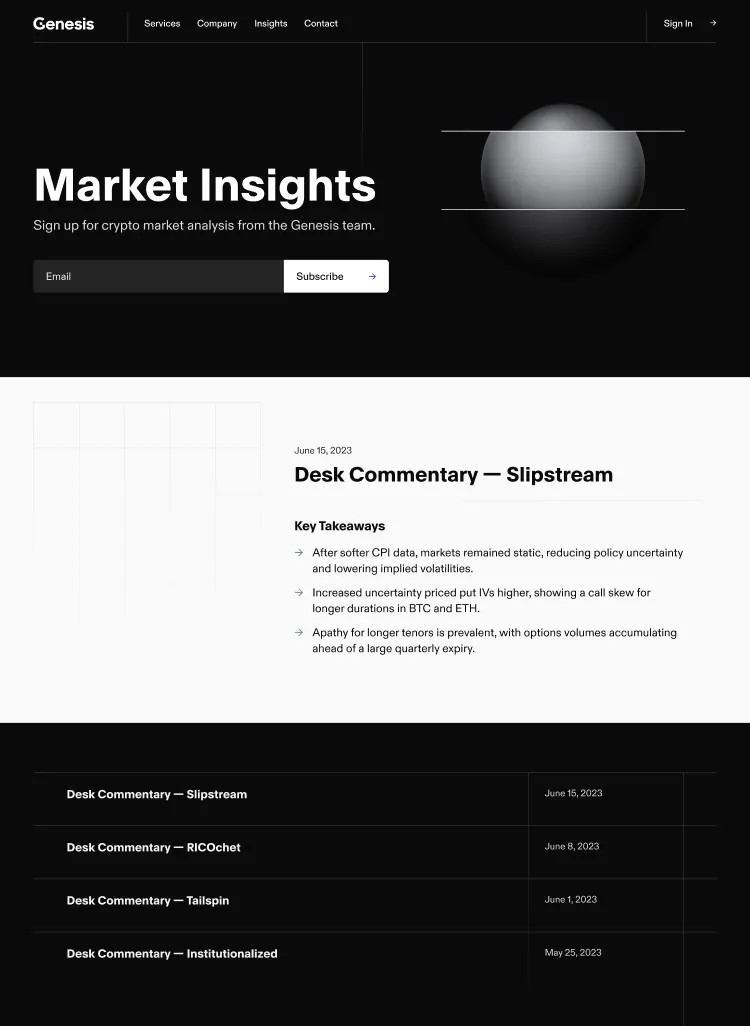 Snapshot of Genesis Market Insights with header section and spotlighted post module.
