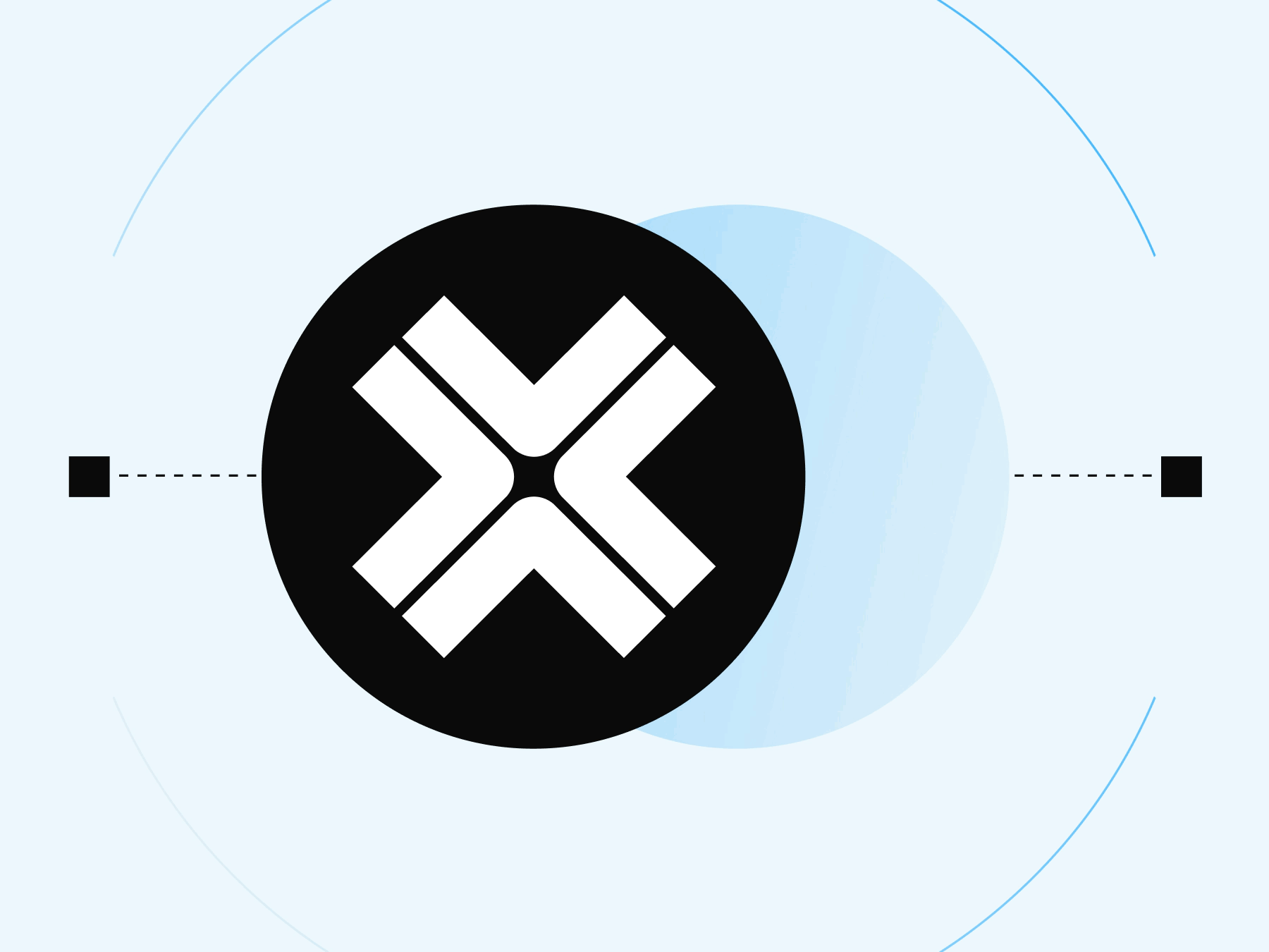 Black circle with a white Axelar logo, surrounded by blue arcs and connected to two smaller squares by dashed lines.