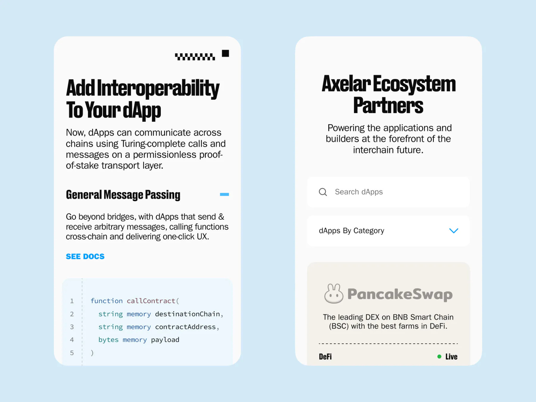 Two mobile app screens — one promotes adding interoperability to dApps with a code snippet, and the other showcases Axelar Ecosystem.