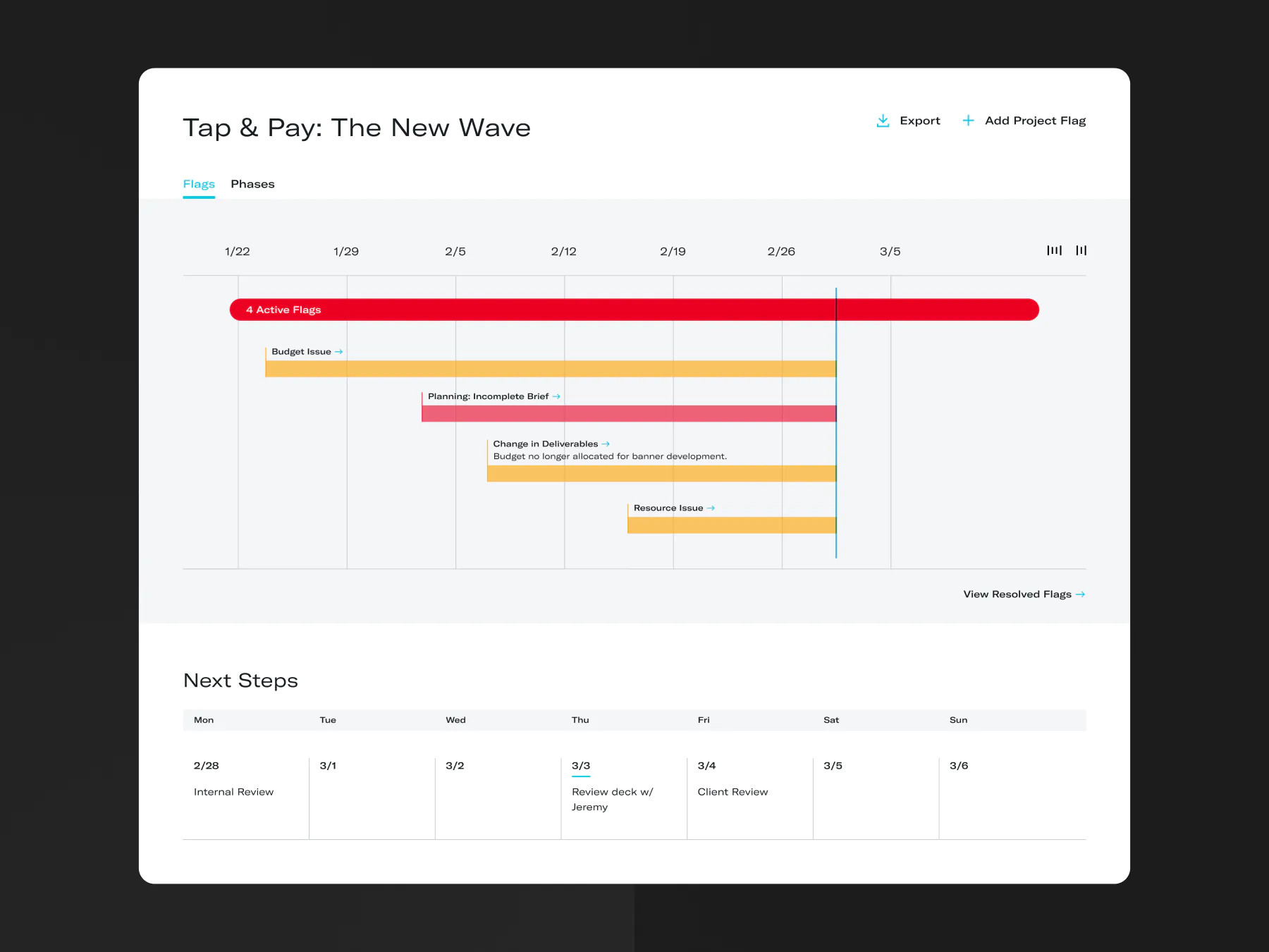 Project management dashboard showing flags, phases, and upcoming steps for a Tap & Pay campaign.