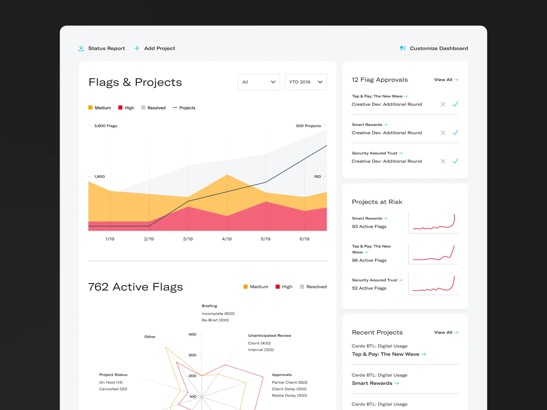 Project management dashboard with status graphs, flag approvals, and project risk assessments.