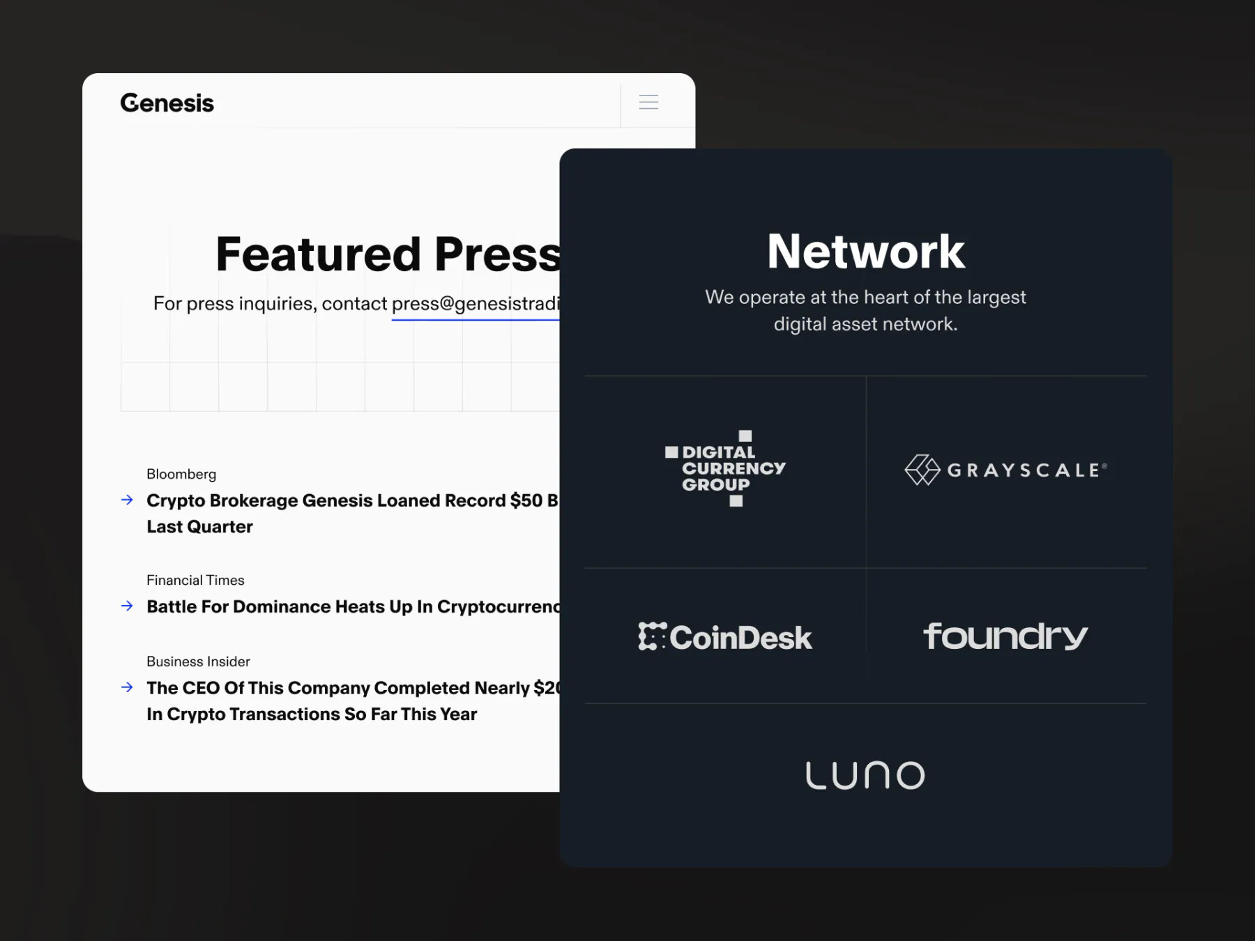 Genesis webpage sections show Featured Press articles and their Network affiliations with digital asset organizations.