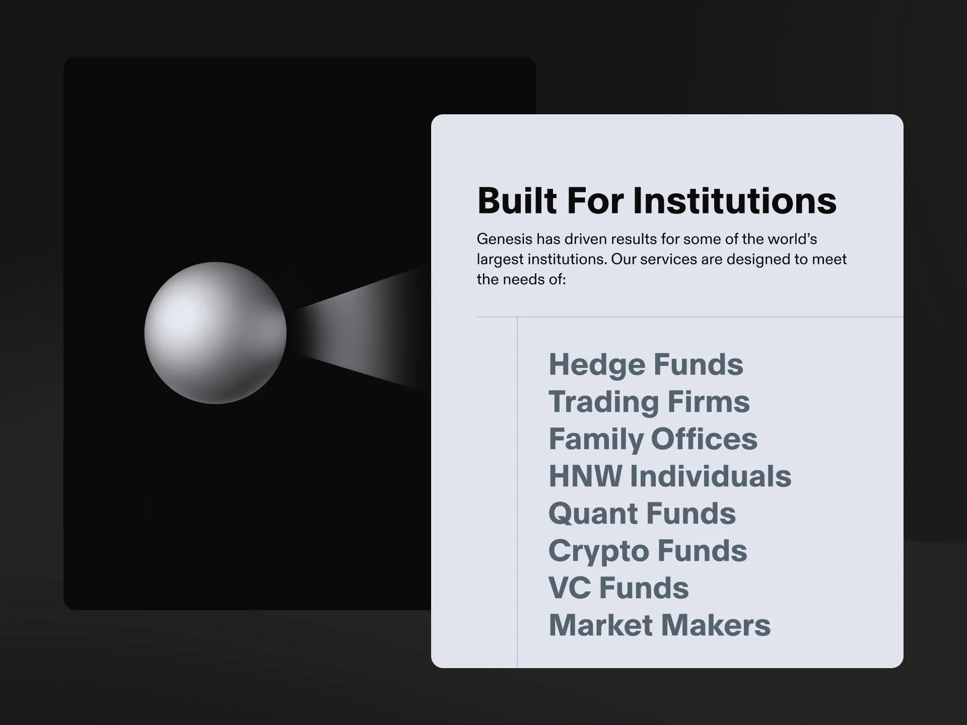 Genesis brand image highlighting services for institutions, listing client types like hedge funds and crypto funds.