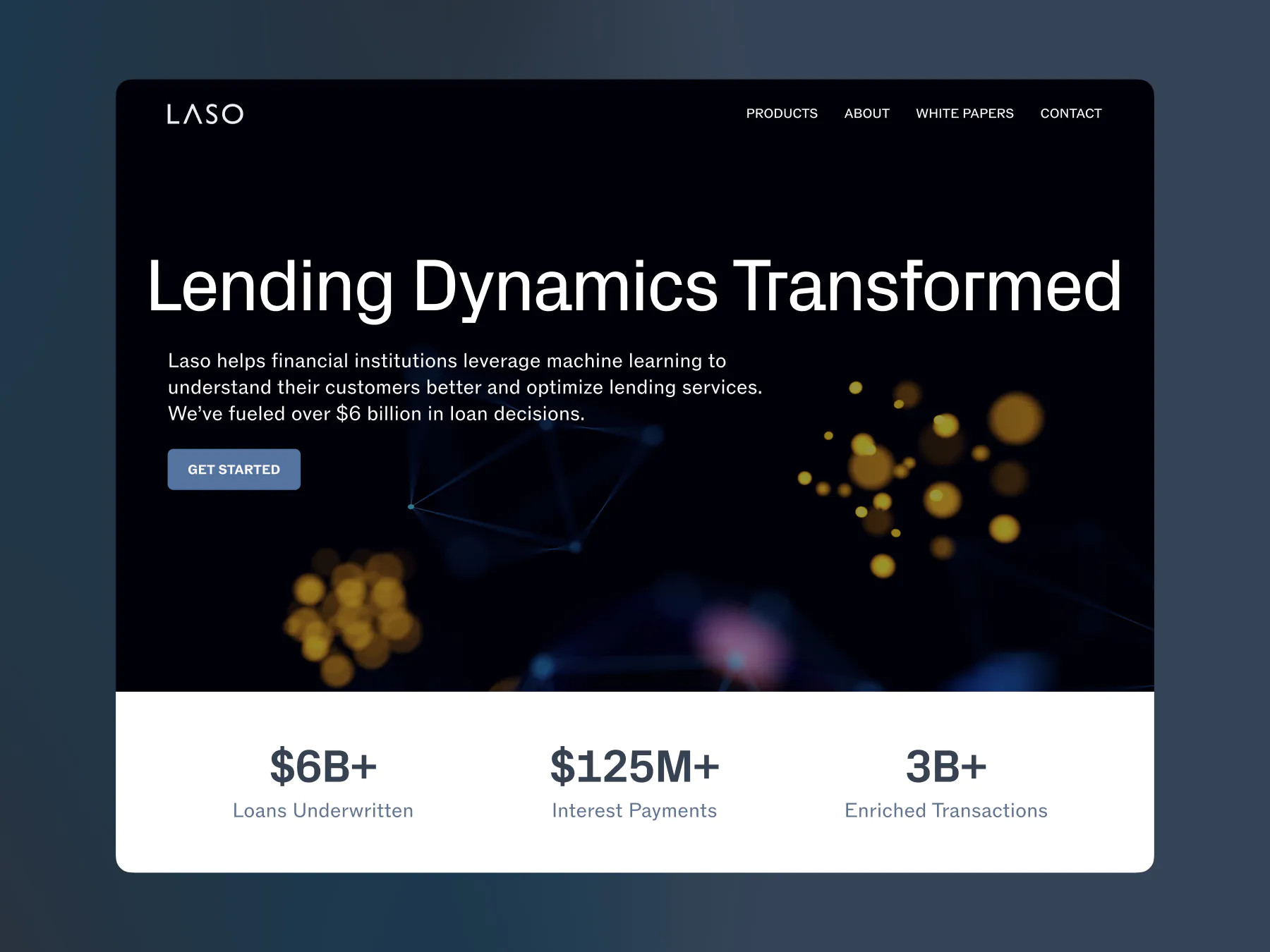 Laso company webpage highlighting their machine learning services and key financial metrics.