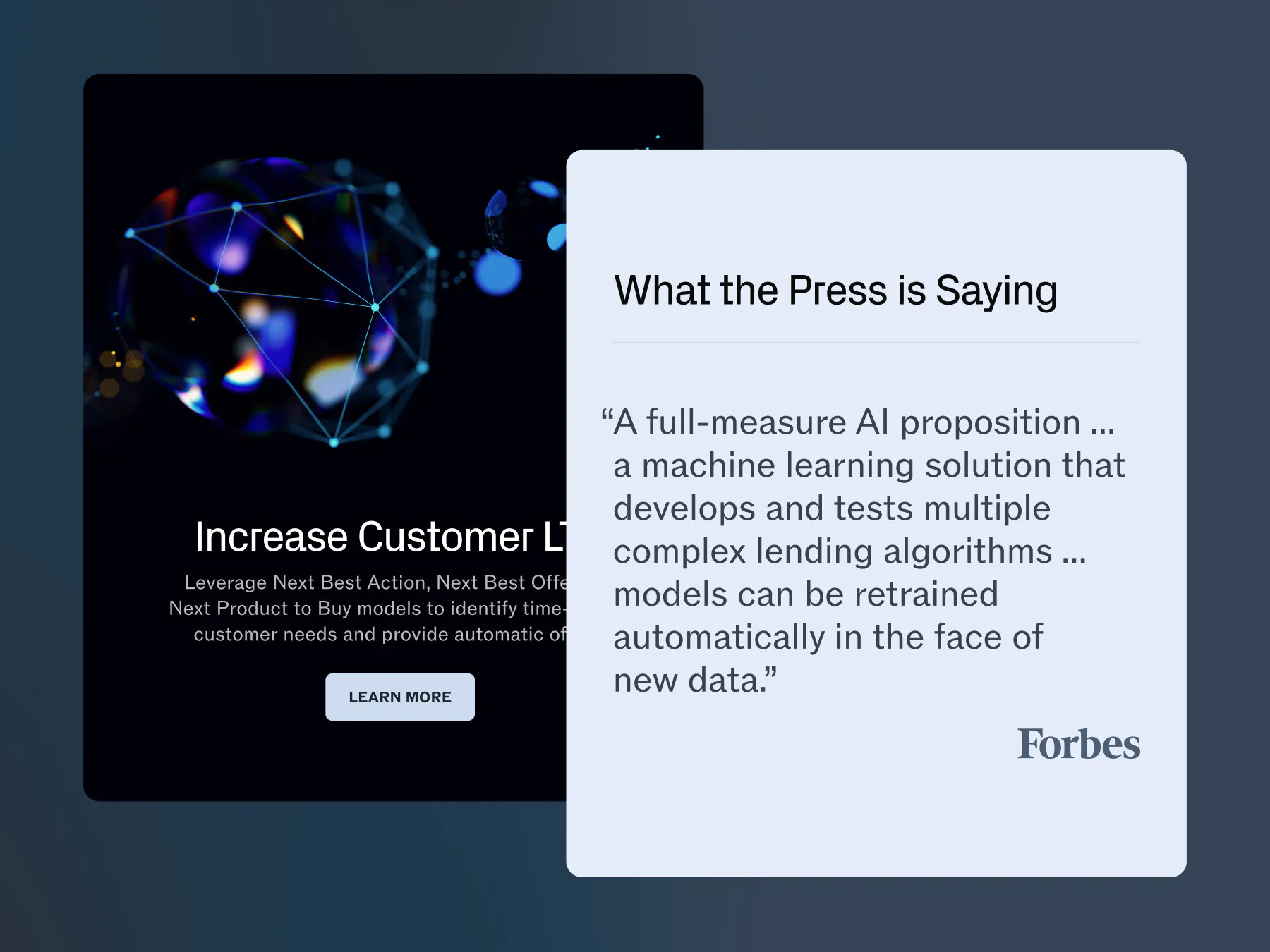 Section design on increasing customer loyalty using AI and a Forbes testimonial highlighting the adaptability of machine learning solutions from Laso.
