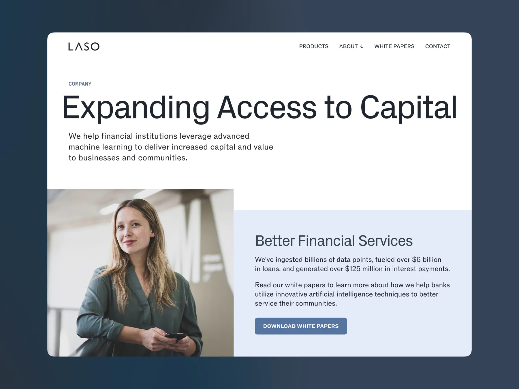 Laso company page highlights its mission to expand access to capital with a photo of a businesswoman using a smartphone.